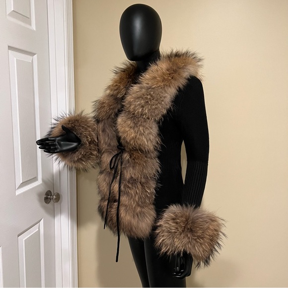 Real raccoon fur cardigan genuine fur collar trench coat parka jacket wool blaze - Picture 3 of 16